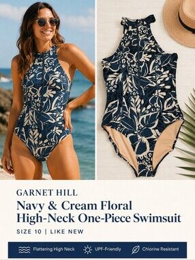 Garnet Hill Navy and Cream Floral High-Neck One-Piece Swimsuit